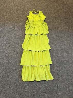 Tiered Pleated Chiffon Ruffle Maxi Dress in Chartreuse